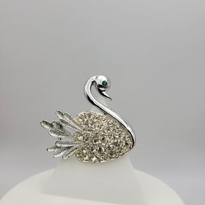 Vintage Rhinestone Swan Bright Silver Tone Brooch